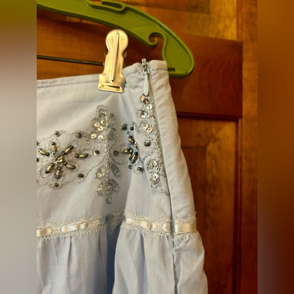Embroidered Light Blue Maxi Skirt with Eyelet Trim - Picture 5 of 11